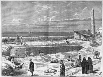 Archäologen in Ägypten: die Nadeln (Obelisken) von Kleopatra in Alexandria. Gravur in „Das illustrierte Universum“