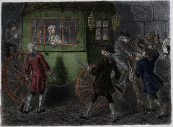Verhaftung von Ludwig XVI. (1754-1793) und seiner fliehenden Familie in Varennes am 21. Juni 1791. Gravur aus 1866 in „Histoire de la Revolution francaise“ von Adolphe Thiers.