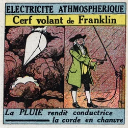 Atmosphärische Elektrizität: Benjamin Franklins fliegender Drachen (1706-1790) im Sommer 1752. Anonyme Illustration von 1925. Private Sammlung.