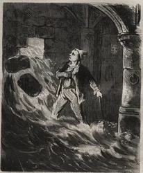 Fluchtversuch aus dem Bagne von Toulon im 19. Jahrhundert. Gravur in „Histoire des bagnes depuis leur création à nos jours“ (1877) von Pierre Zaccone. Private Sammlung.