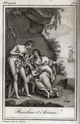 Bacchus und Ariadne. Gravur von 1819 in „Lettres à Emilie sur la mythologie“ von Charles Albert Demoustier (1760-1801). Private Sammlung