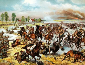 Schlacht von Tannenberg (heutiges Stebark, Polen) (1914) - zwischen der 8. deutschen Armee und der 1. und 2. russischen Armee - Anonym - 1914 - Farblithographie - 32,6x41,8 - Privatsammlung