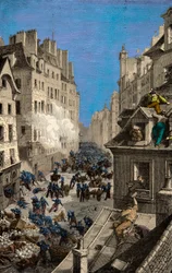 Schlacht an der Barrikade der Rue Saint Antoine im Jahr 1830. Gravur. Private Sammlung
