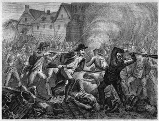 Schlacht von Le Mans 1793 während des Vendée-Krieges. Gravur von 1866 in „Histoire de la Revolution francaise“ von Adolphe Thiers. Private Sammlung.