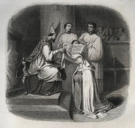 Die selige Maria von der Menschwerdung (Barbe Jeanne Avrillot) (1566-1618), französische Mystikerin, empfängt 1614 den Schleier der Karmelitinnen. Stich von 1846 aus „Leben der Heiligen“. Privatsammlung.