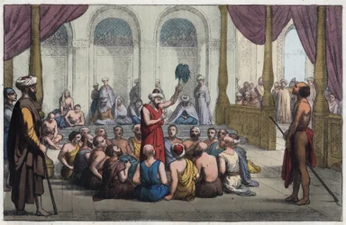 Brahmanen singen Loblieder auf den Gott Rama - Stich aus „Usi e Costumi di Tutti i Popoli dell