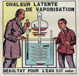 Kalorimetrie: die latente Verdampfungswärme gemessen mit Marcellin Berthelots Kalorimeter (1827-1907). Anonyme Illustration von 1925. Private Sammlung.