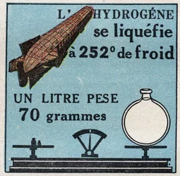 Zustandsänderungen: Dämpfe. Wasserstoffverflüssigung hat 252 Grad Kälte. Anonyme Illustration von 1925. Private Sammlung.
