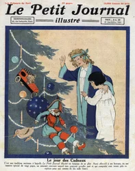 Weihnachtsfeier: Kinder entdecken Geschenke am Fuße des Weihnachtsbaums. Illustration aus „Le petit journal“ vom 25.12.1921. Private Sammlung