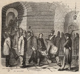 Kopplung im Rochefort Bagne im 19. Jahrhundert. Gravur in „Histoire des bagnes depuis leur création à nos jours“ (1877) von Pierre Zaccone. Private Sammlung.