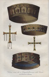 Kronen der Suverians des Langobardenreichs (568-774), aufbewahrt in der Basilika von San Giovanni di Monza - Verschiedene Kronen der Langobardenkönige, aufbewahrt in der Basilika von San Giovanni di Monza - Gravur aus „Usi e Costumi di Tutti i Popoli dell