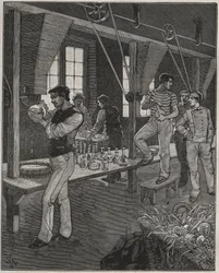 Werkstatt der Kristallgraveure in Frankreich im 19. Jahrhundert. Gravur aus 1885 in „Les arts et metiers illustres“ von Adolphe BITARD.