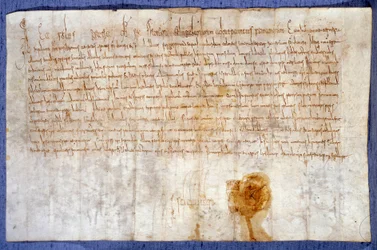 Schenkung der Gebiete von Luzarches und Mussy an die Abtei Saint-Denis durch König Karl den Großen (Karl I., Karl der Große oder Carolus Magnus) (742-814) am 25/02/775. Paris, Nationalarchiv