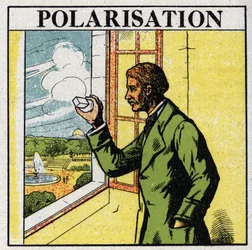 Doppelbrechung: Etienne Louis Malus (1775-1812) beobachtet durch einen Spat die Lichtstrahlen der untergehenden Sonne, die von den Glasfenstern des Luxemburger Palastes im Jahr 1808 reflektiert werden. Anonyme Illustration von 1925. Private Sammlung.