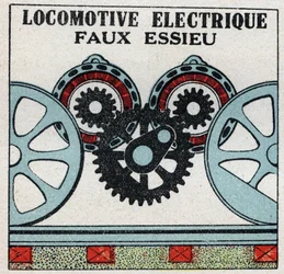 Elektrische Eisenbahnen: falsche Achse einer Elektrolokomotive. Anonyme Illustration von 1925. Private Sammlung.