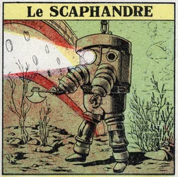 Elektrische Werkzeuge: ein Taucher am Grund des Wassers, der einen Lichtprojektor verwendet, um voranzukommen. Anonyme Illustration von 1925. Private Sammlung.