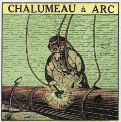 Elektrische Werkzeuge: Lichtbogenlampe, die von einem Taucher am Grund des Wassers verwendet wird. Anonyme Illustration von 1925. Private Sammlung.
