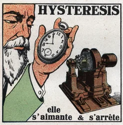 Elektrische Phänomene: Hysterese. Demonstration des Hysterese-Phänomens durch Annäherung einer Dynamo an eine Uhr, deren Zahnräder größtenteils aus Stahl bestehen, sie magnetisiert sich und bleibt stehen. Anonyme Illustration von 1925. Private Sammlung.