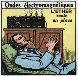 Elektrische Phänomene: Wenn der Äther an Ort und Stelle bleibt, erzeugt die Schwingungsbewegung die elektromagnetischen Wellen, die in der T.S.F. verwendet werden. Anonyme Illustration von 1925. Private Sammlung.