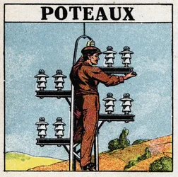 Elektrische Leitungen: Strommasten. Anonyme Illustration von 1925. Private Sammlung.