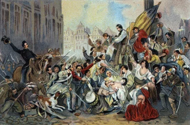 Episode der Revolution von 1830 vor dem Brüsseler Rathaus. Werbe-Chromolithographie von Antoine-Schokoladen in Brüssel, Anfang des 20. Jahrhunderts.