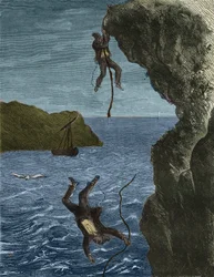Flucht von zwei Kräften aus dem Bagne de Belle-Île-en-Mer (schöne Insel im Meer) im 19. Jahrhundert. Gravur in „Histoire des bagnes depuis leur création à nos jours“ (1877) von Pierre Zaccone (1817-1895). Private Sammlung.