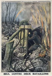 Erster Weltkrieg 1914-1918. Ein französischer Offizier kämpft allein gegen zwei Bataillone der deutschen Armee im Bois de Caures. In „Le Petit Journal“, am 14.05.1916. Private Sammlung