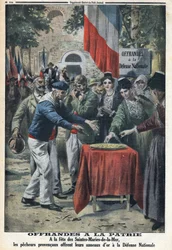 Erster Weltkrieg 1914-1918 (Krieg 14-18). Beim Fest der Saintes-Maries-de-la-Mer boten die Seeleute der Nation die goldenen Ringe an, um die Unterstützung der nationalen Verteidigung zu finanzieren. In „Le Petit Journal“, am 12/11/1916. Privatsammlung