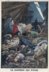Erster Weltkrieg 1914-1918 (Krieg 14-18). Zivilbevölkerung in ihrem Haus durch die Bombardierung eines Zeppelins der deutschen Luftwaffe getötet. In „Le Petite Journal“, am 13.02.1916. Private Sammlung