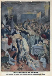 Erster Weltkrieg 1914-1918. Die Frauen des Volkes stürmen ein modisches Restaurant und fordern die Rückkehr ihrer Ehemänner. In „Le Petite Journal“, am 16.01.1916. Private Sammlung