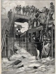 Überschwemmung des Bahnhofs Gare de la Chapelle auf der Linie des kleinen Gürtels in Paris. Gravur. In „Le Petit Parisien“.