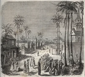 Forcats auf dem Weg zur Arbeit im Penitencier Saint-Laurent in Cayenne (Französisch-Guayana) im 19. Jahrhundert. Gravur in „Histoire des bagnes depuis leur création à nos jours“ (1877) von Pierre Zaccone (1817-1895).