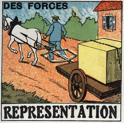 Kräfte: ein Pferd zieht einen Wagen. Anonyme Illustration von 1925. Private Sammlung.