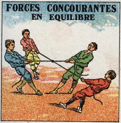 Kräfte: konkurrierende Kräfte im Gleichgewicht. Kinder ziehen an einem Ring, jeder von seiner Seite, während sie im Gleichgewicht bleiben. Anonyme Illustration von 1925. Private Sammlung.