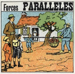 Kräfte: parallele Kräfte. Korb mit Äpfeln wird mit einer Stange von zwei Männern unterschiedlicher Kräfte gehoben. Anonyme Illustration von 1925. Private Sammlung.