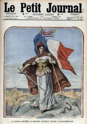 Frankreich (Marianne) schützt die Nationalflagge gegen Antipatriotismus - „Le Petit Journal“ vom Oktober 1909