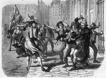 Francois-Joseph Westermann (1751-1794) schlägt Jean Paul Marat (1743-1793) - Gravur in Histoire des Girondins von Alphonse de Lamartine (1790-1869) 1865-1866. Private Sammlung