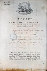 Französische Revolution: Dekret des Konvents vom 11/12/1792, das die Nationalgarde anweist, König Ludwig XVI. aus dem Temple-Gefängnis vor Gericht zu bringen. Paris. Polizeipräfektur