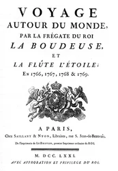 Frontispiz von 1771 des Buches „Reise um die Welt mit der Fregatte des Königs La Boudeuse und der Flöte L