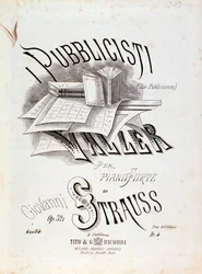 Frontispiz der Partitur von Die Publizisten (Op. 321) von Johann Strauss