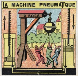 Gasdruck: die pneumatische Maschine. Auf einem Jahrmarkt wurden riesige Halbkugeln installiert, die Männer vergeblich zu trennen versuchten. Attraktion inspiriert von dem Experiment von Otto von Guericke.