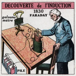 Induktion: Entdeckung der Induktion durch Michael Faraday (1791-1867) in den Jahren 1830-1831 mit einer Batterie und einem Galvanometer. Anonyme Illustration von 1925. Private Sammlung.