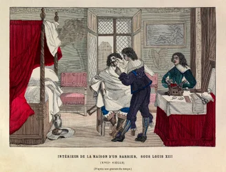Innenraum eines Barbiershauses in Paris unter der Herrschaft von König Ludwig XIII. im 17. Jahrhundert - Private Sammlung