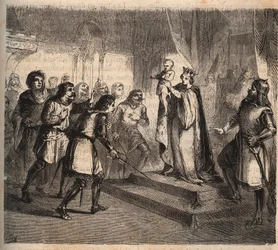 Johanna von Flandern (1295-1374), Ehefrau von Jean de Montfort, Herzog der Bretagne (1293-1345) stellt ihren Sohn, Johann IV. von Bretagne, Graf von Montfort (bekannt als der Tapfere oder der Eroberer) vor