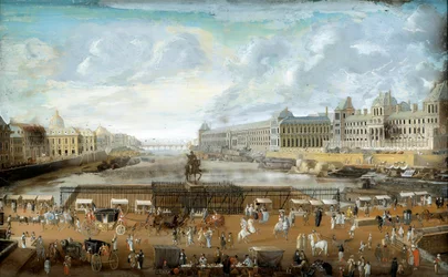 Der Pont Neuf, vom Eingang zur Place Dauphine aus gesehen, der Quai Malaquais mit dem Collège des Quatre-Nations sowie die Grande Galerie und der Louvre. 1669. Paris, Musée Carnavalet
