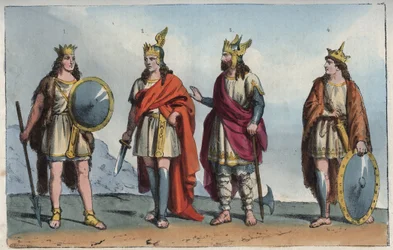 Die Merowinger - Merowingerdynastie - Pharamund oder Faramund - Chlodio (Clodius, Clodion, Cloio oder Chlogio), Chlodio der Langhaarige (ca. 390-ca. 450) - Merowech (Mérovée oder Merowig, ca. 412-457) und Chlodwig (ca. 466-511) - Stich aus „Usi e Costumi