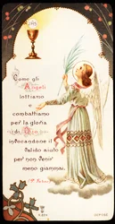 Wie die Engel kämpfen wir für die Herrlichkeit Gottes. Andachtsbild mit einem Kelch und einer Hostie, auf der das Monogramm Jesu Christi, JHS, zu sehen ist. 20. Jahrhundert. Private Sammlung