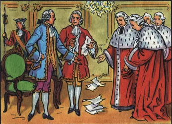 Ludwig XV. (1710-1774), König von Frankreich, hebt die Urteile des Parlaments auf. Anonyme Illustration in Collection des souverains et chefs d