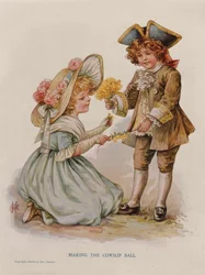 Die Herstellung des Schlüsselblumenballs, Buchillustration, frühes 20. Jahrhundert (Farblithographie)