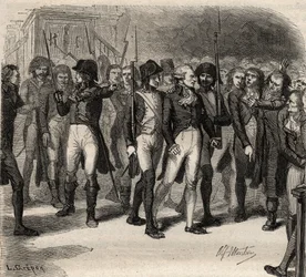 Maximilien Robespierre und seine Mitangeklagten verhaftet in der Konvention 1794 - Maximilien Robespierre et ses Co-Accuses arretes à la convention en 1794 - Gravur in „Histoire des Girondins“ von Alphonse de Lamartine (1790-1869) 1865-1866. Private Sammlu